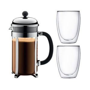 BODUM CHAMBORD - SET French Press (Chrome), 8 cups, 1L w/ 2 dbl wall glasses 0.35L