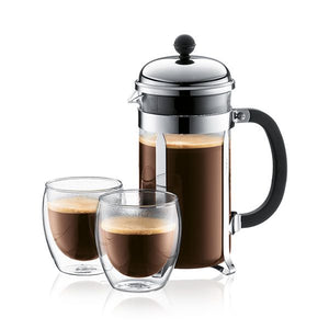 BODUM CHAMBORD - SET French Press (Chrome), 8 cups, 1L w/ 2 dbl wall glasses 0.35L